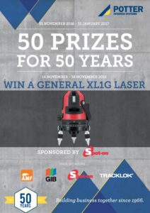 Potter Interior Systems 50 Prizes for 50 Years: win a General XL1G laser, sponsored by Spot‑on.