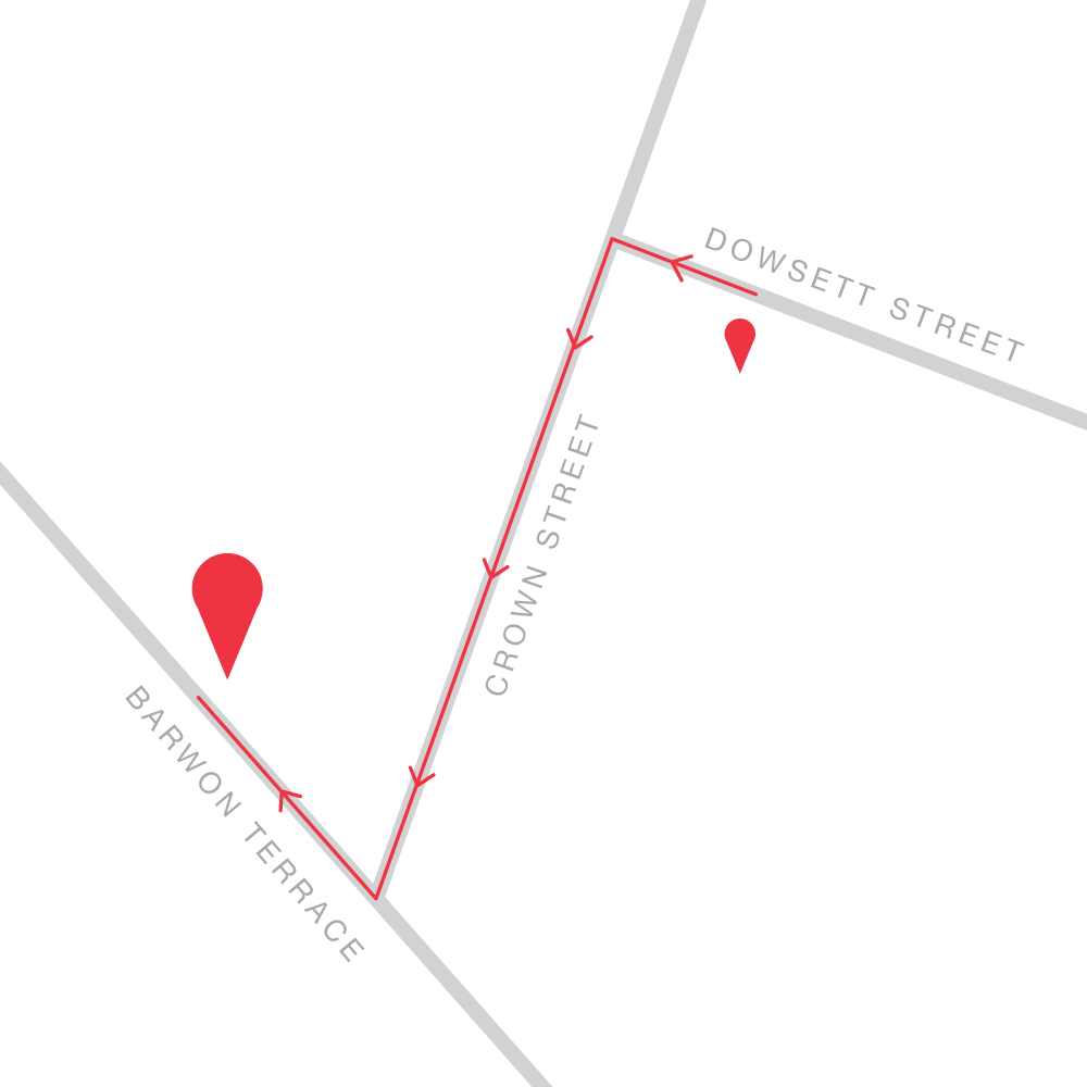 Map with directions from 10–12 Dowsett Street to 77 Barwon Terrace.